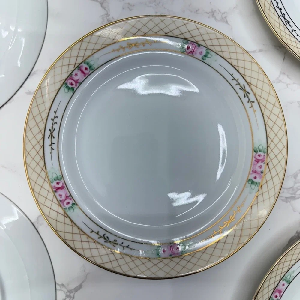Vintage Nippon‎ Hand Painted Rose Lattice Porcelain Salad Plates 5 Gold Gilding